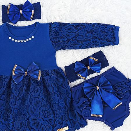 Imagem de Vestido De Bebê Menina Manga Longa Batizado Renda Kit 5 Pçs Azul