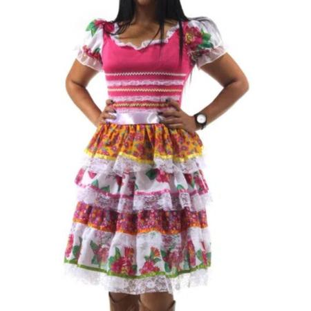 Vestido de festa junina caipira caipirinha adulto flores com tiara