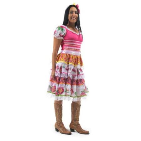 Vestido de festa junina caipira caipirinha adulto flores com tiara