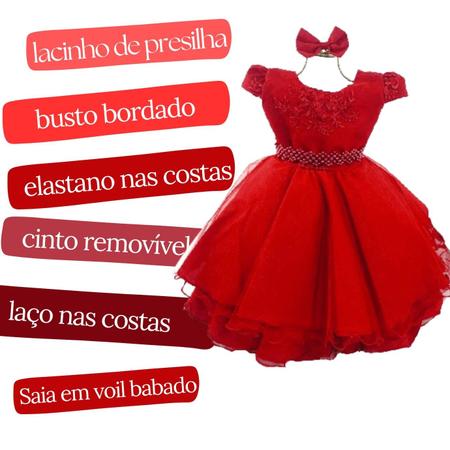 Imagem de Vestido de festa vermelho infantil luxo eventos e festas acompanha saiote anagua 056