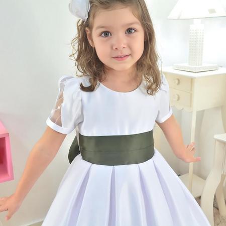 Vestido Formatura Infantil ABC Branco e Detalhes Verde Oliva
