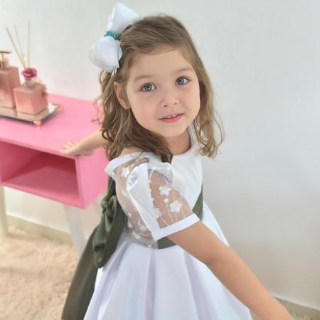 Vestido Formatura Infantil ABC Branco e Detalhes Verde Oliva