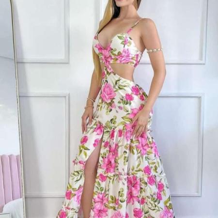 Imagem de Vestido Feminino Estampado Floral Longo Vazado/ Fenda Verão