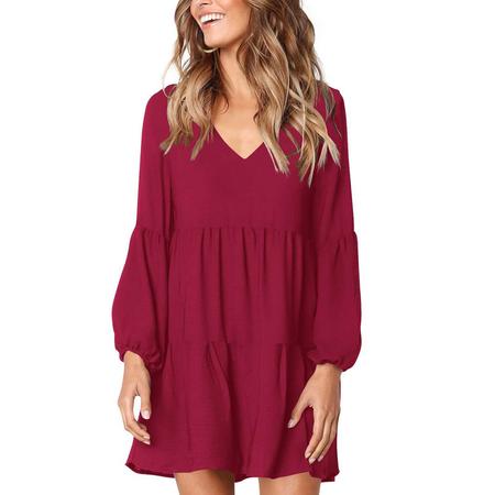 Imagem de Vestido feminino GOTOTOP com decote em V, babado, casual, manga comprida, vermelho