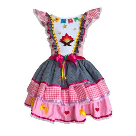 Vestido Feminino Infantil Junino Xadrez Rosa Com Flores