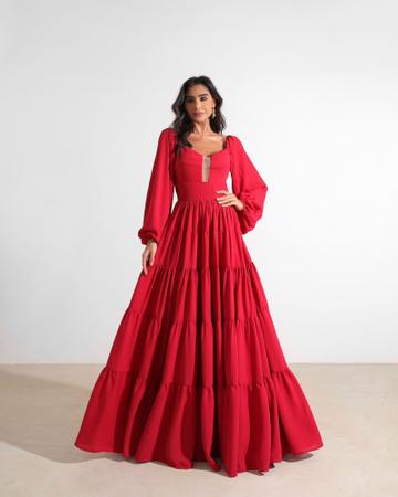 Vestido Feminino Longo Elegante Vermelho decote Princesa Moda
