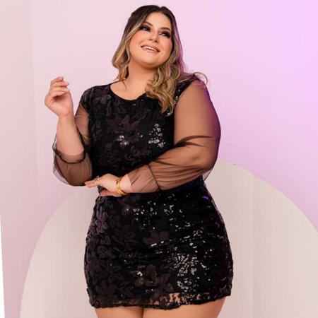 Imagem de Vestido Feminino Plus Size Paetê Manga Longa Roupas 48 ao 52