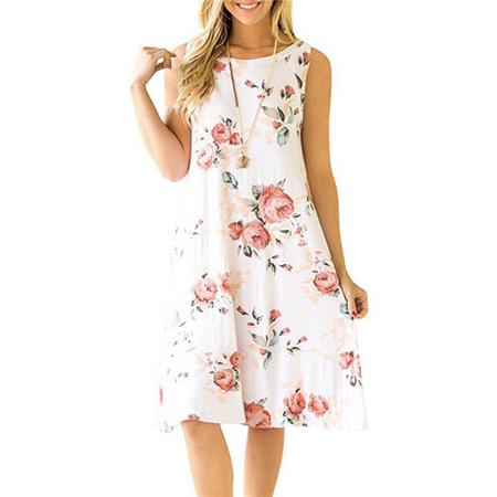 Imagem de Vestido feminino sem mangas, floral de verão, poliéster, na altura do joelho