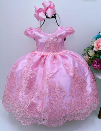 Imagem de Vestido festa infantil realeza rosa renda princesa luxo