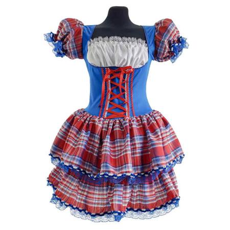 Vestido Festa Junina Bebê Xadrez Vermelho e Azul Luxo