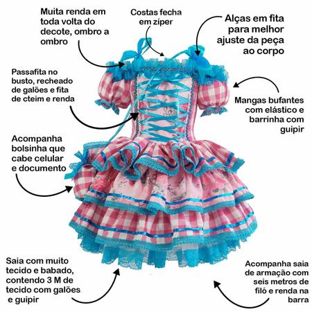 Imagem de Vestido Festa Junina Bebê Menina Xadrex Luxo Com Bolsa