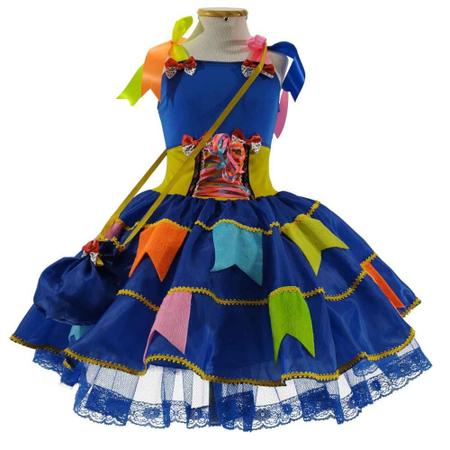 Imagem de Vestido Festa Junina Infantil Luxo Azul Com Bandeirinhas e Bolsa