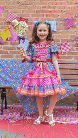 Vestido Feminino Infantil Junino Xadrez Rosa Com Flores