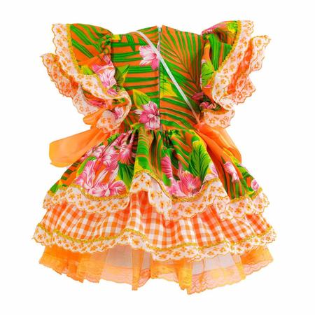 Vestido Infantil de Festa Junina Xadrez Preto Saia Camadas + Flores  Aplicadas