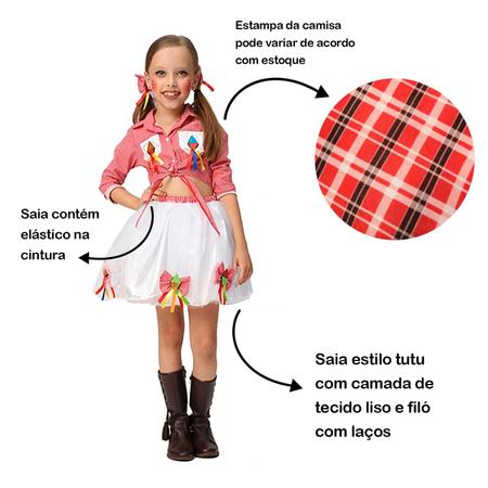 Kit Vestido infantil Festa Junina xadrez + saia filó + laço cabelo