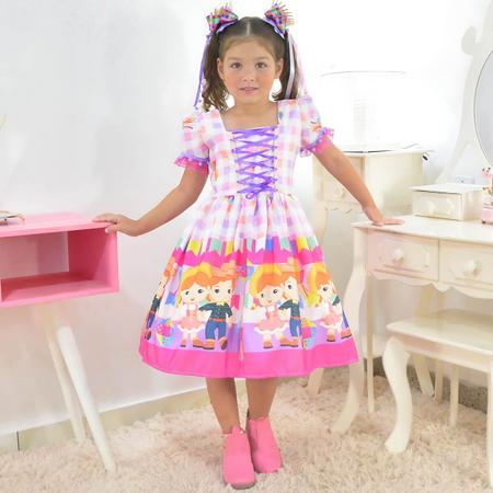 Imagem de Vestido Festa Junina Rosa com Lilás + 2 Laços + Saia de Armação