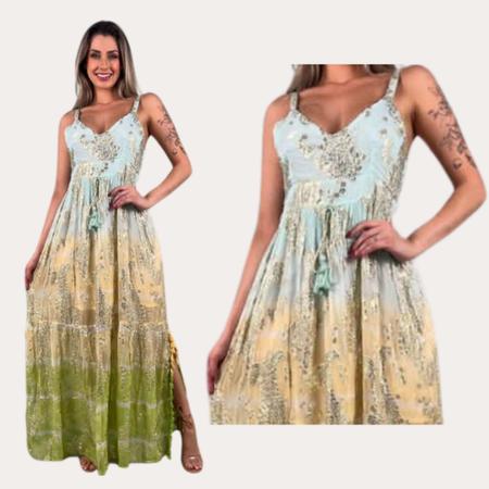 Vestido Indiano Longo de Alcinha Crepe Bordado com Lurex - Bella Modas Imagem de Vestido Indiano Longo de Alcinha Crepe Bordado com Lurex