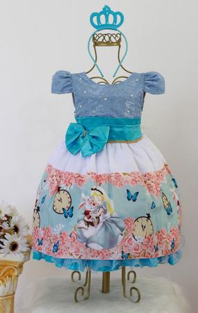 Imagem de Vestido Infantil Azul Alice Festa Temática E Tiara