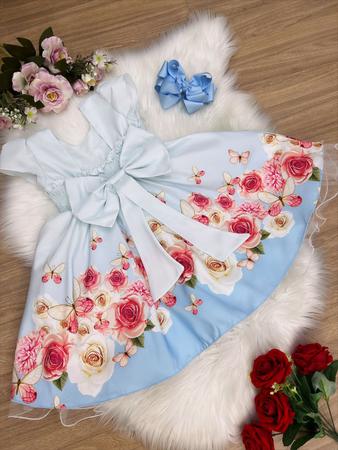 Vestido Infantil Azul Beb Jardim Das Borboletas Com P rolas