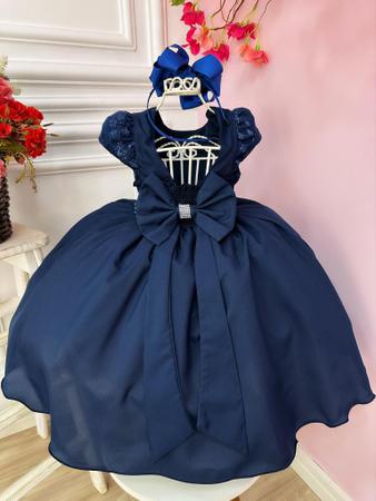 Imagem de Vestido Infantil Azul Marinho Busto C/ Renda e Cinto Pérolas