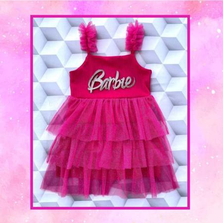 Vestido Infantil Barbie Saia Rosa de Tule Com Glitter - Rosa