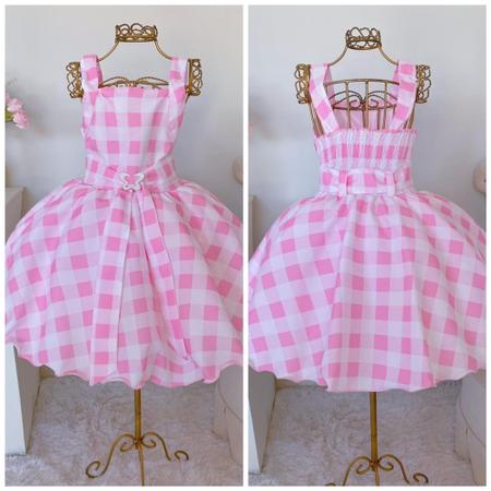 Vestido da Barbie infantil oficial filme rosa xadrez Tam 04 ao 12