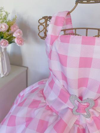 Fantasia Infantil Barbie Filme Vestido Xadrez Rosa - Festivo Festas