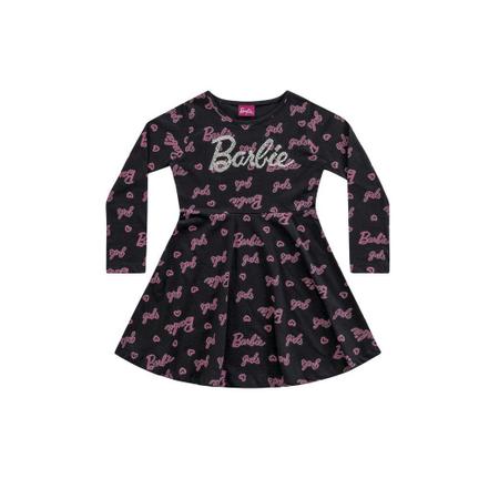 Vestido Manga Longa Infantil Fakini Barbie - Preto