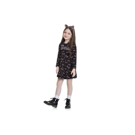 Vestido Manga Longa Infantil Fakini Barbie - Preto