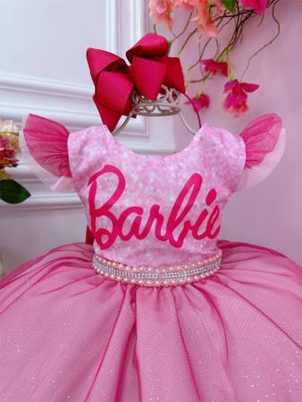 Vestido infantil Barbie Pink Babados Glitter Brilho luxo