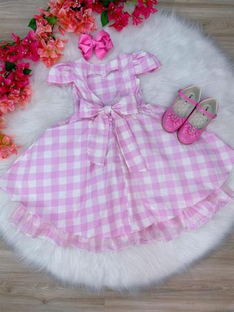 Vestido Barbie Filme xadrez branco e rosa com laço festa infantil  aniversário temático