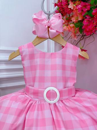 Vestido Infantil Barbie Rosa Branco Xadrez Filme Look Festa no