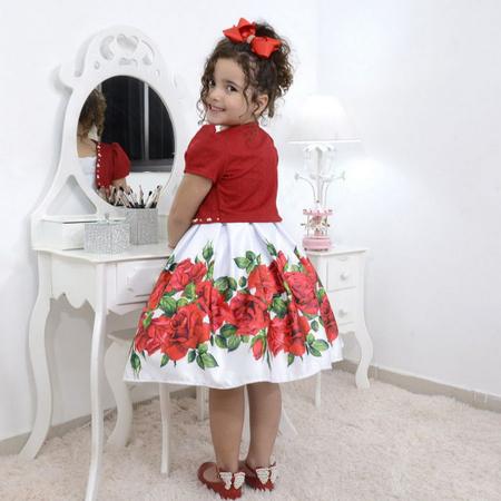 Vestido infantil com listras brancas e flores vermelhas