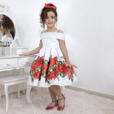 Imagem de Vestido infantil branco com rosas vermelhas e bolero