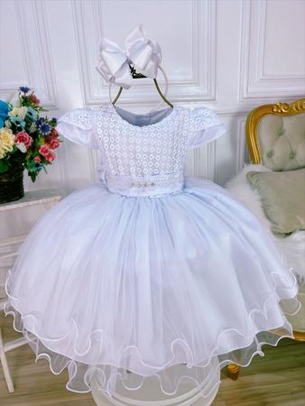 Vestido Infantil Azul C/ Renda Cinto Pérolas Strass Princesa