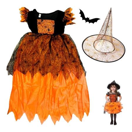 Fantasia Menina Infantil Festa Halloween Bruxa Laranja Tule