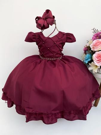 Imagem de Vestido Infantil Casamento Formatura C/ Cinto Pérola E Tiara - Marsala