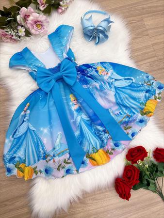 Imagem de Vestido Infantil Cinderela Azul Cinto Pérolas Luxo Princesas