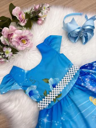 Imagem de Vestido Infantil Cinderela Azul Cinto Pérolas Luxo Princesas
