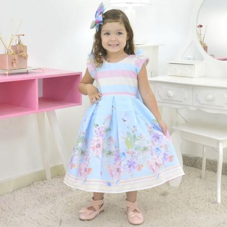 Imagem de Vestido Infantil Corpo Listrado e Saia Floral Azul - Florista