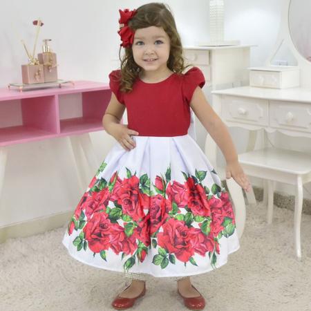 Vestido Infantil Branco e Vermelho Floral Luxo Princesa Dama