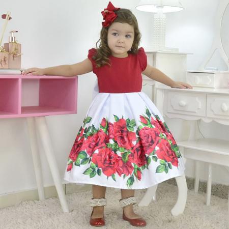Vestido Infantil Floral Branco e Vermelho Daminha ou Casamento