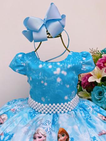 Vestido Infantil Frozen Azul C/ Cinto Pérolas Luxo Princesas