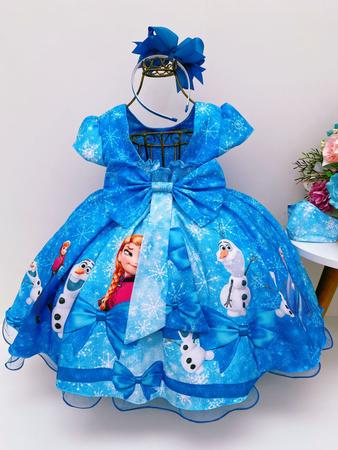 Vestido Infantil Frozen Azul C/ Cinto Pérolas Luxo Princesas