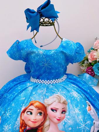 Vestido Infantil Frozen Azul C/ Cinto Pérolas Luxo Princesas