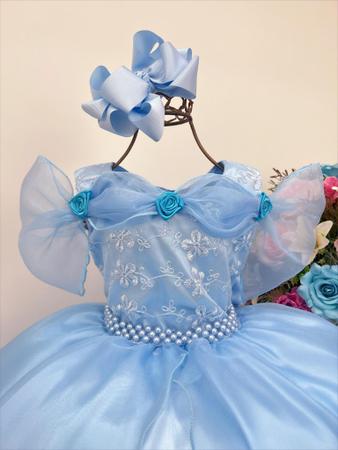 VESTIDO INFANTIL CINDERELA PRINCESA AZUL C/ RENDA E PÉROLAS