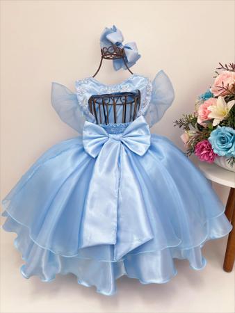 VESTIDO INFANTIL CINDERELA PRINCESA AZUL C/ RENDA E PÉROLAS