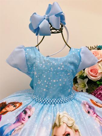 Vestido Infantil Frozen Azul C/ Cinto Pérolas Luxo Princesas