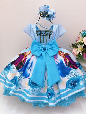 Vestido Infantil Frozen Azul C/ Cinto Pérolas Luxo Princesas