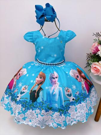 Vestido Infantil Frozen Elsa e Anna Azul Luxo - Fabuloso Ateliê